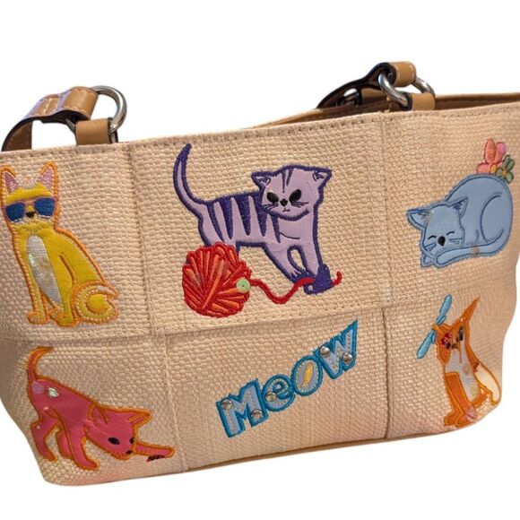 Vintage Women's Rosetti Tan Straw Cat‎ Embroidered Theme Handbag Purse Y2K - Picture 1 of 12